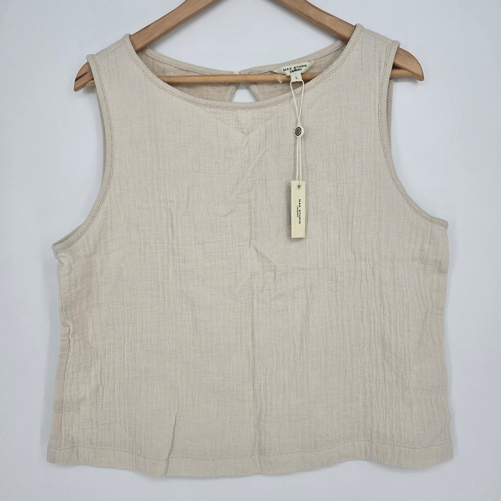 NWT Max Studio Cotton/Linen Womens L Beige Crop Top Lightweight Summer Keyhole